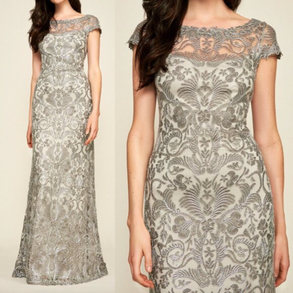 NWT tadashi shoji Adena CORDED EMBROIDERY GOWN DRESS ASH GRAY SIZE 6